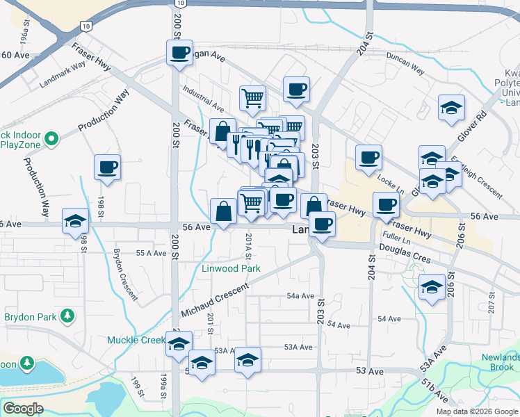 map of restaurants, bars, coffee shops, grocery stores, and more near 5638 201A Street in Langley