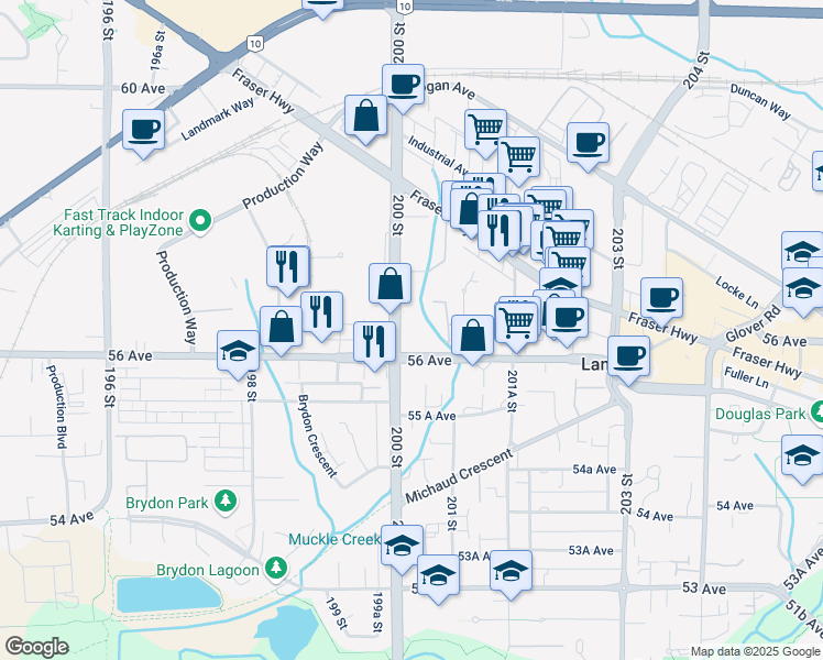 map of restaurants, bars, coffee shops, grocery stores, and more near 5646 200 Street in Langley City