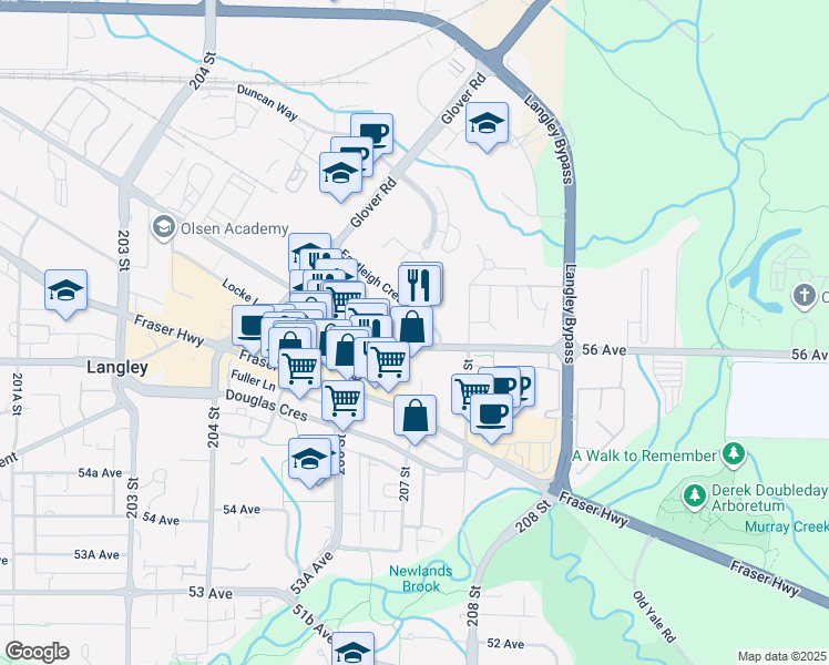 map of restaurants, bars, coffee shops, grocery stores, and more near 20696 Eastleigh Crescent in Langley