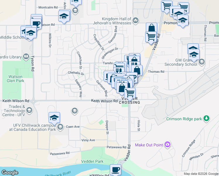 map of restaurants, bars, coffee shops, grocery stores, and more near 45510 Market Way in Chilliwack