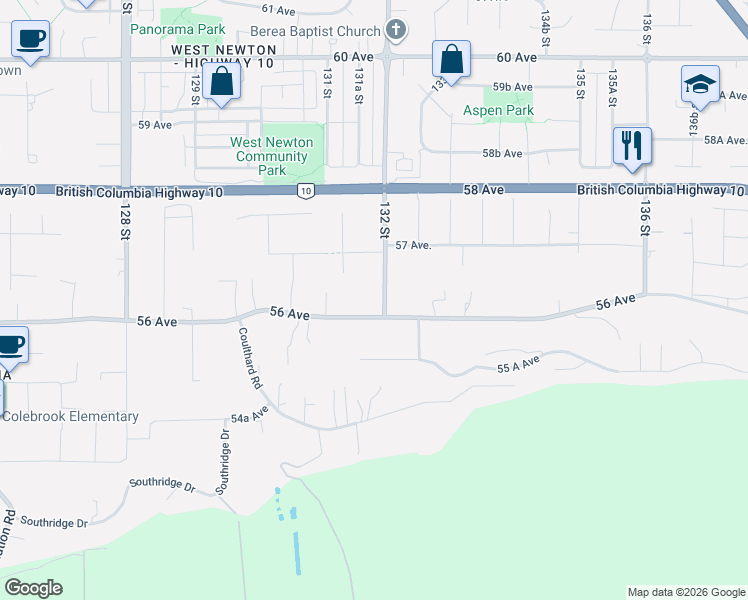 map of restaurants, bars, coffee shops, grocery stores, and more near 5625 132 Street in Surrey
