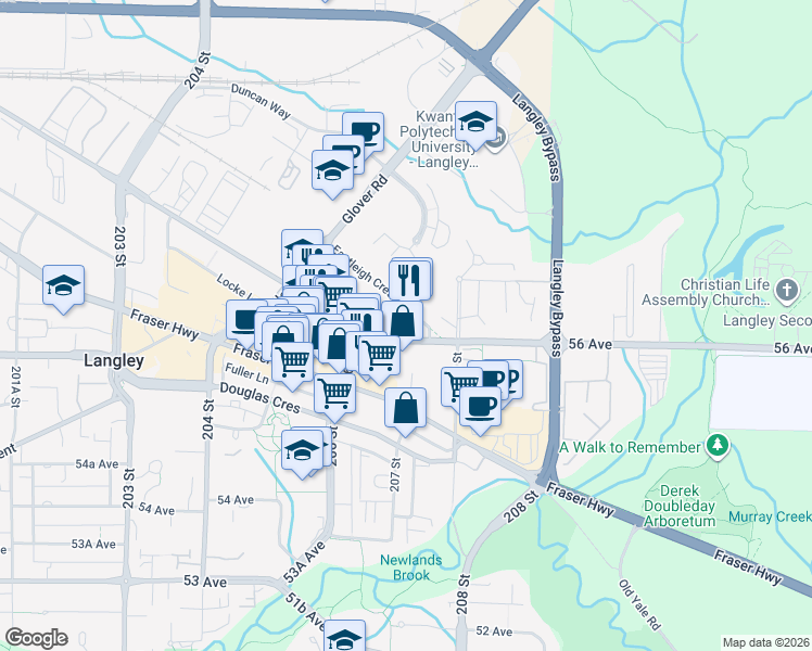 map of restaurants, bars, coffee shops, grocery stores, and more near 20696 Eastleigh Crescent in Langley