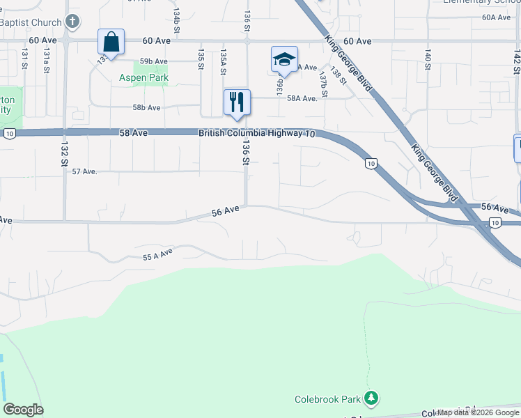map of restaurants, bars, coffee shops, grocery stores, and more near 13634 56 Avenue in Surrey