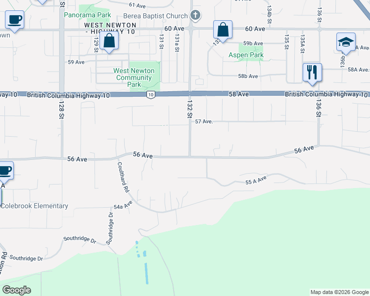 map of restaurants, bars, coffee shops, grocery stores, and more near 5625 132 Street in Surrey