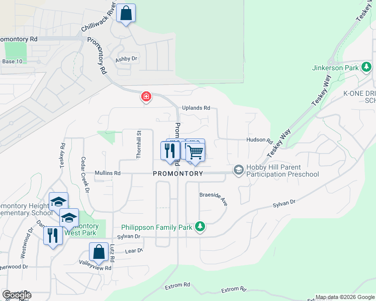 map of restaurants, bars, coffee shops, grocery stores, and more near 5648 Promontory Road in Chilliwack