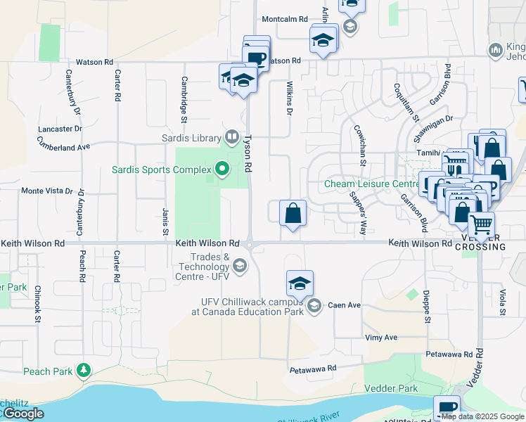 map of restaurants, bars, coffee shops, grocery stores, and more near 5657 Kathleen Drive in Chilliwack