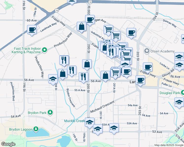 map of restaurants, bars, coffee shops, grocery stores, and more near 5646 200 Street in Langley