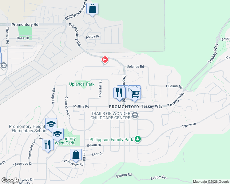 map of restaurants, bars, coffee shops, grocery stores, and more near 5665 Promontory Road in Chilliwack