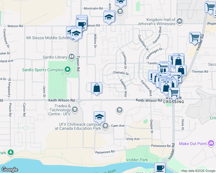 map of restaurants, bars, coffee shops, grocery stores, and more near in Chilliwack