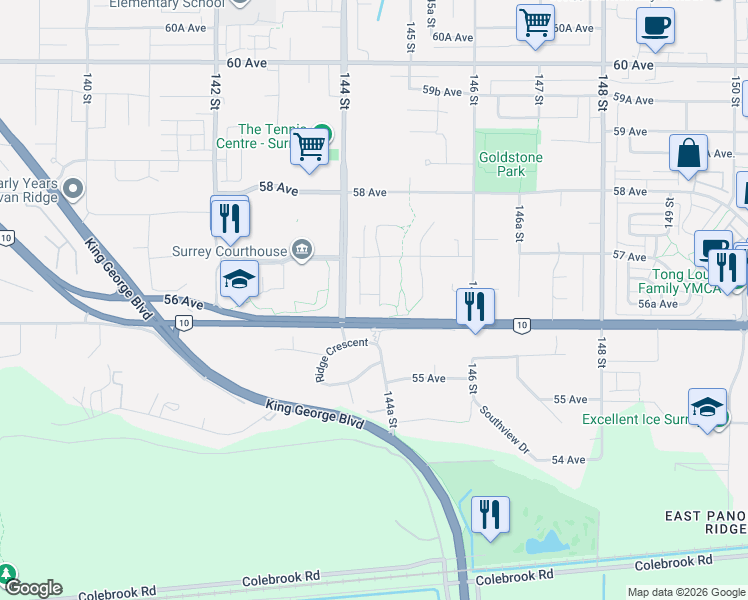 map of restaurants, bars, coffee shops, grocery stores, and more near 5637 144A Street in Surrey