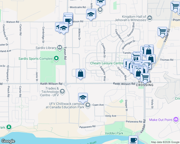 map of restaurants, bars, coffee shops, grocery stores, and more near 45137 Nicomen Crescent in Chilliwack