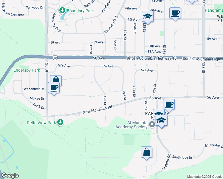 map of restaurants, bars, coffee shops, grocery stores, and more near 12334 56 Avenue in Surrey