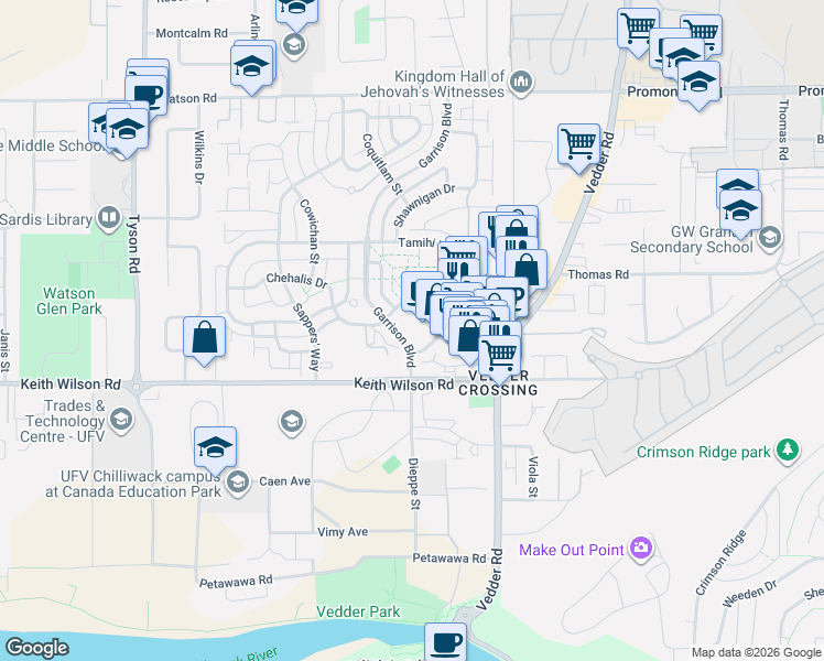 map of restaurants, bars, coffee shops, grocery stores, and more near 45500 Market Way in Chilliwack