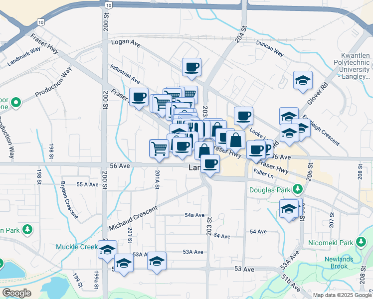 map of restaurants, bars, coffee shops, grocery stores, and more near in Langley