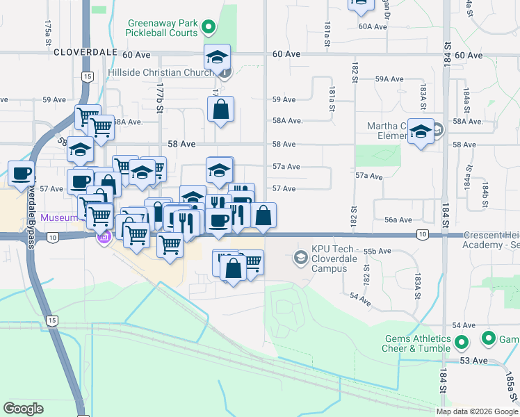 map of restaurants, bars, coffee shops, grocery stores, and more near 17997 56A Avenue in Surrey