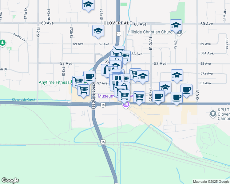 map of restaurants, bars, coffee shops, grocery stores, and more near 5685 176 Street in Surrey