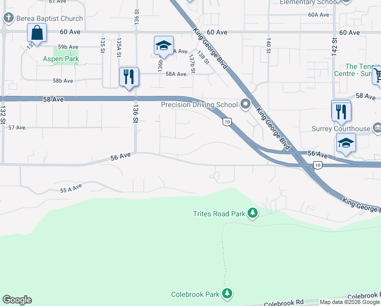 map of restaurants, bars, coffee shops, grocery stores, and more near 13765 56A Avenue in Surrey