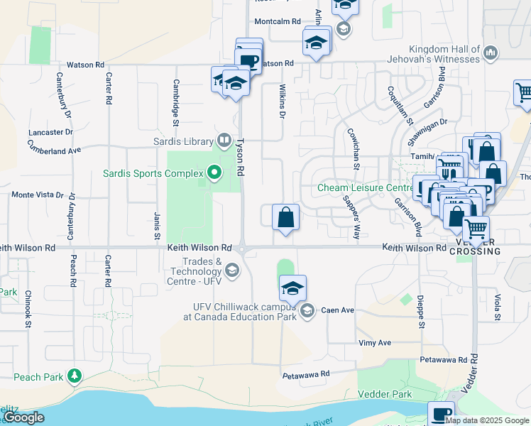 map of restaurants, bars, coffee shops, grocery stores, and more near 5674 Kathleen Drive in Chilliwack