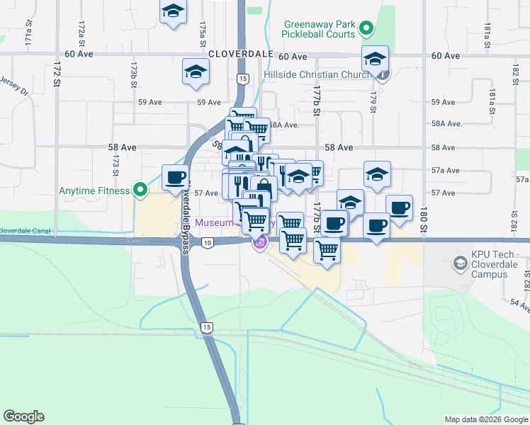 map of restaurants, bars, coffee shops, grocery stores, and more near 5660 176A Street in Surrey
