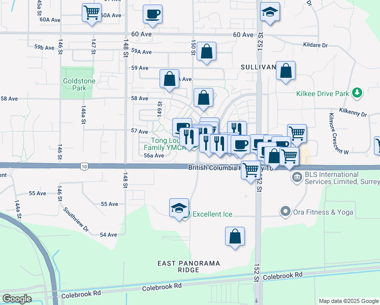 map of restaurants, bars, coffee shops, grocery stores, and more near 14988 57 Avenue in Surrey