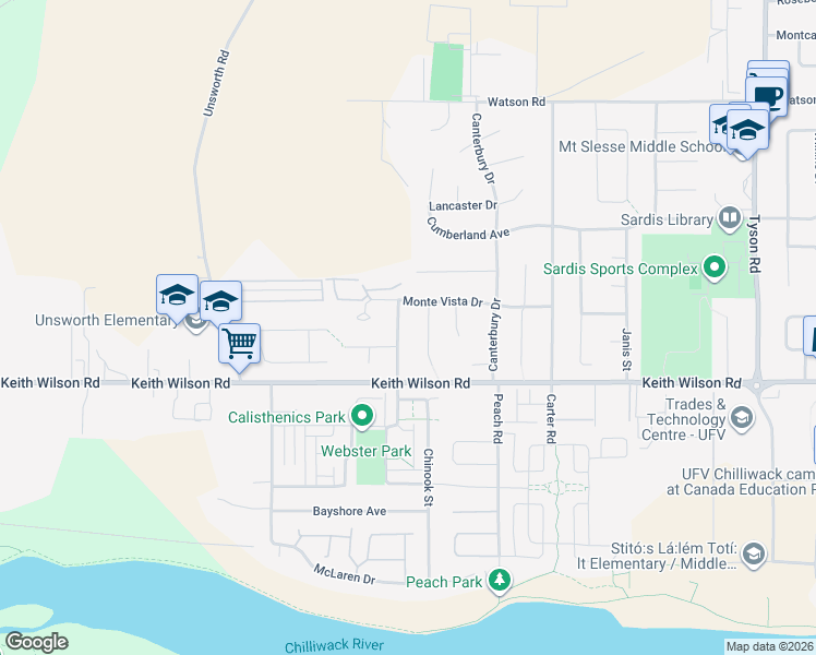map of restaurants, bars, coffee shops, grocery stores, and more near 5690 Lindys Drive in Chilliwack