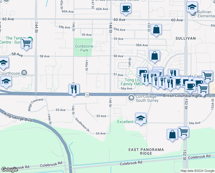 map of restaurants, bars, coffee shops, grocery stores, and more near 5639 148 Street in Surrey