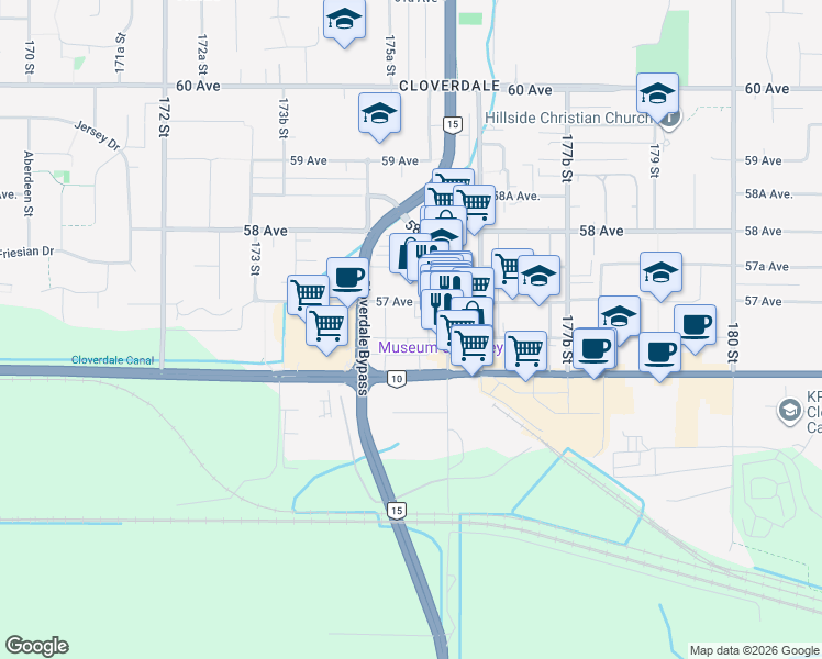 map of restaurants, bars, coffee shops, grocery stores, and more near 17545 56A Avenue in Surrey