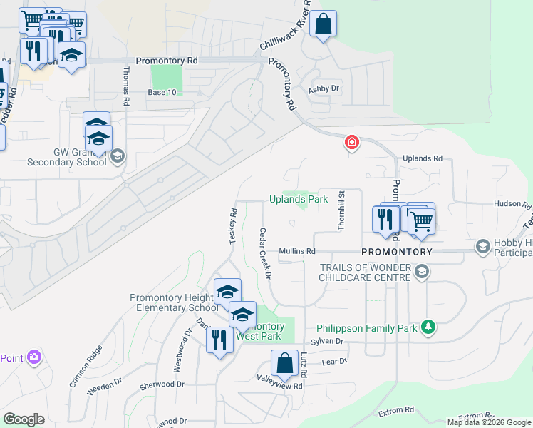 map of restaurants, bars, coffee shops, grocery stores, and more near 5650 Cedar Creek Drive in Chilliwack