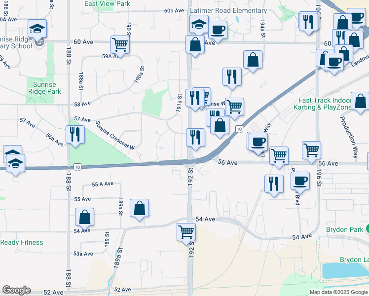 map of restaurants, bars, coffee shops, grocery stores, and more near 5641 192 Street in Surrey