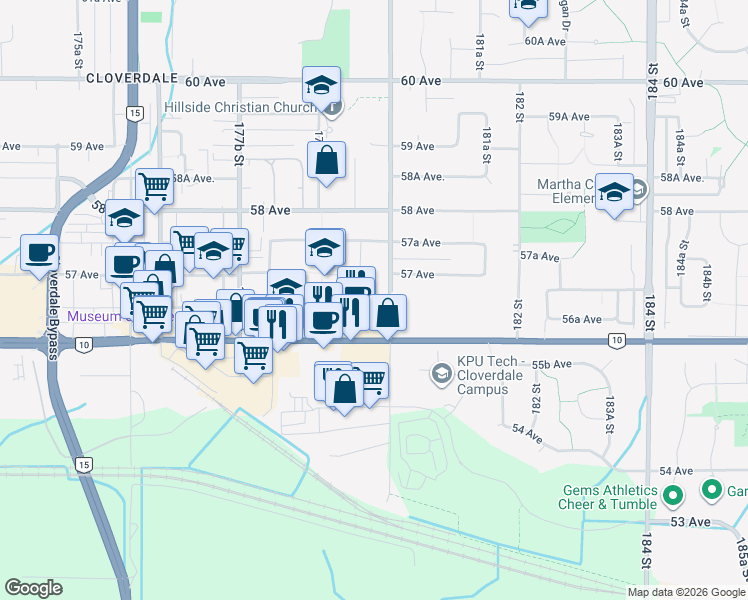 map of restaurants, bars, coffee shops, grocery stores, and more near 17985 56A Avenue in Surrey