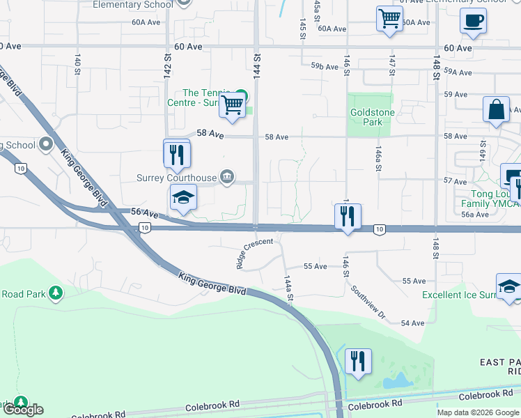 map of restaurants, bars, coffee shops, grocery stores, and more near 5642 144 Street in Surrey