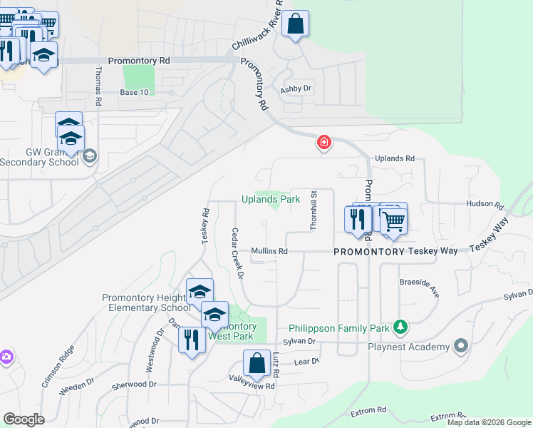 map of restaurants, bars, coffee shops, grocery stores, and more near 46262 Uplands Road in Chilliwack