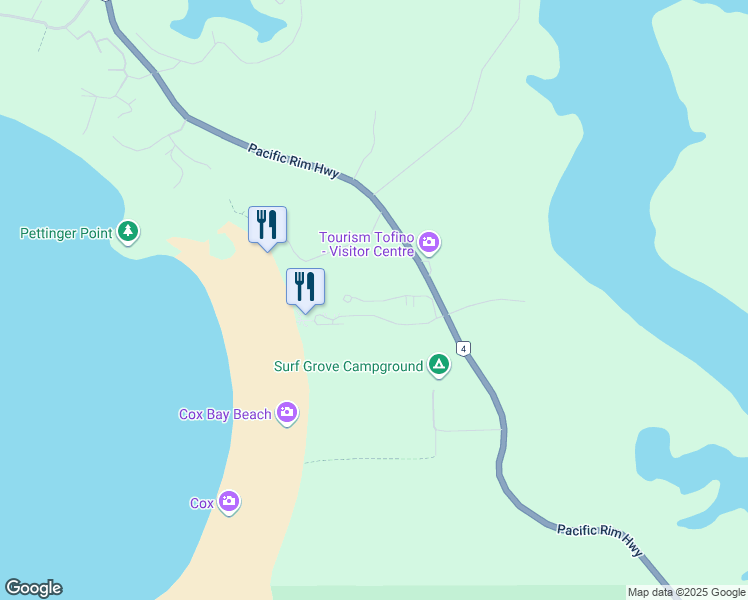 map of restaurants, bars, coffee shops, grocery stores, and more near 1431 Pacific Rim Highway in Tofino