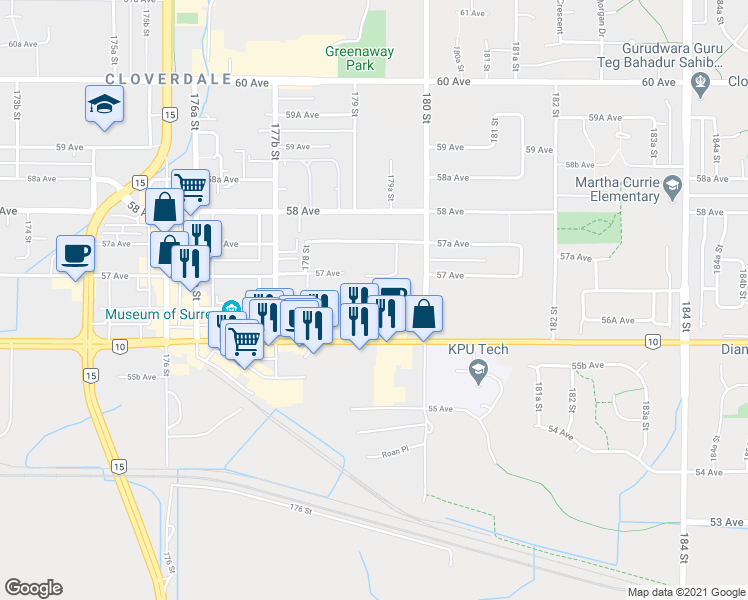 map of restaurants, bars, coffee shops, grocery stores, and more near 17925 56A Avenue in Surrey