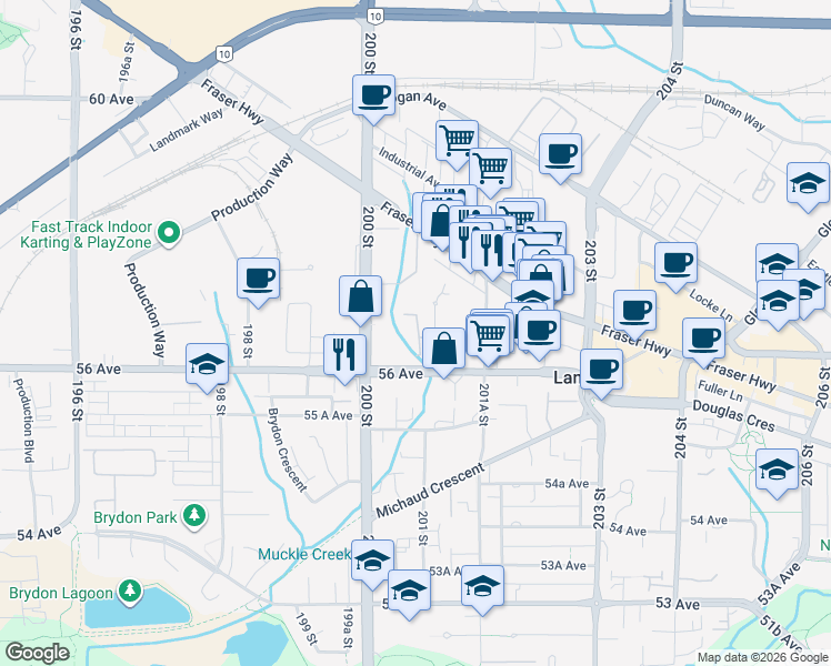map of restaurants, bars, coffee shops, grocery stores, and more near 5641 201 Street in Langley