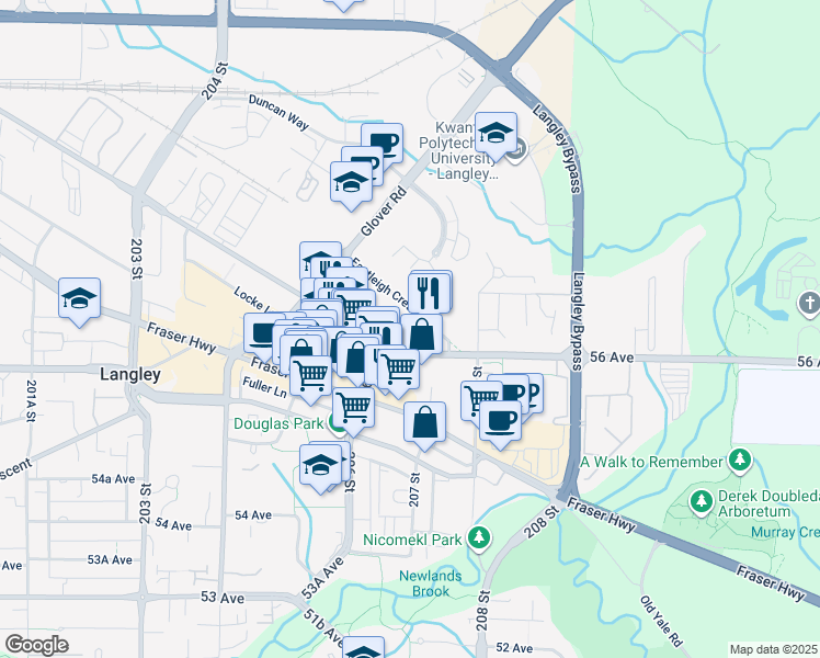 map of restaurants, bars, coffee shops, grocery stores, and more near 20686 Eastleigh Crescent in Langley