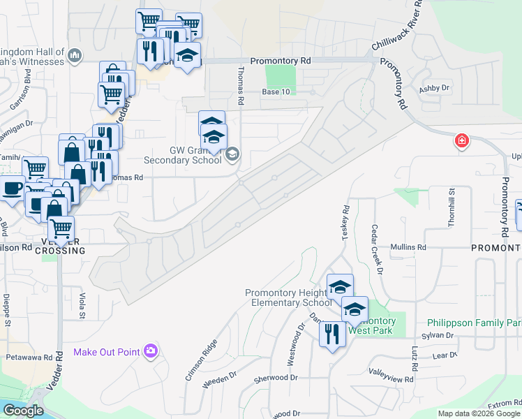 map of restaurants, bars, coffee shops, grocery stores, and more near Cardinal Drive in Chilliwack
