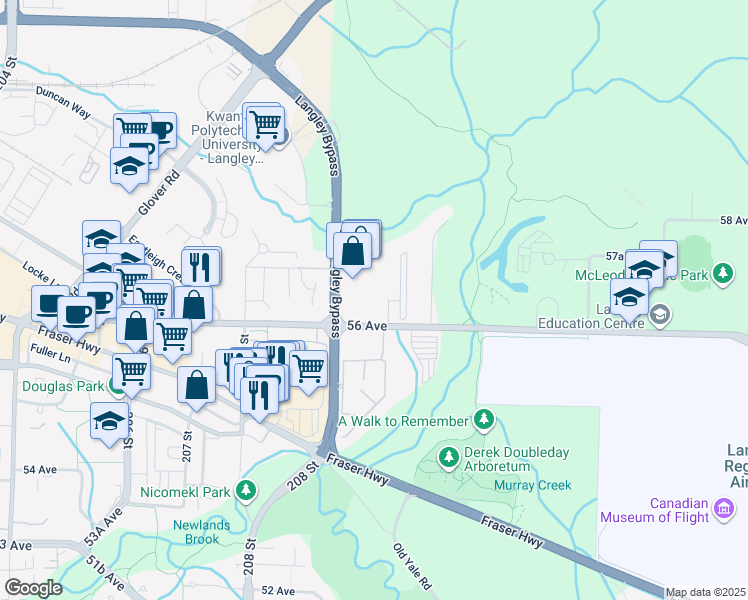 map of restaurants, bars, coffee shops, grocery stores, and more near 5655 210A Street in Langley Township
