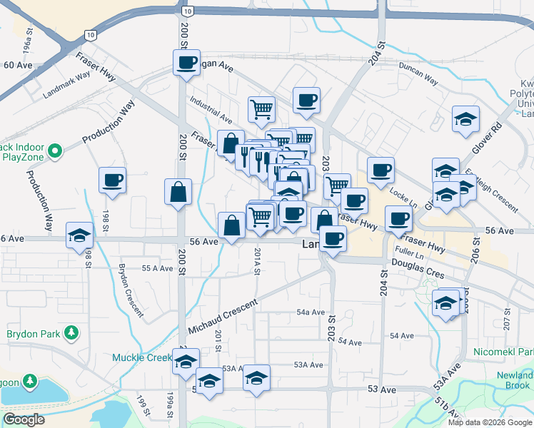 map of restaurants, bars, coffee shops, grocery stores, and more near 5650 201A Street in Langley