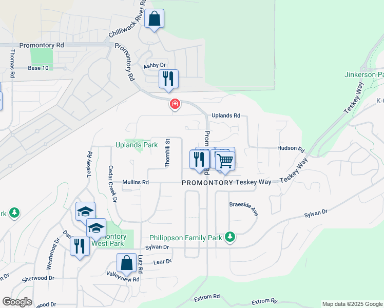 map of restaurants, bars, coffee shops, grocery stores, and more near 5665 Promontory Road in Chilliwack