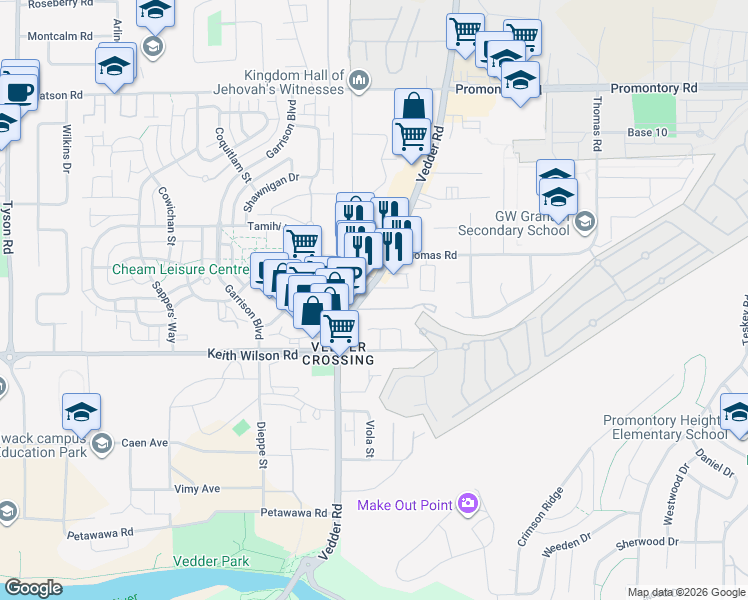 map of restaurants, bars, coffee shops, grocery stores, and more near 5658 Vedder Road in Chilliwack
