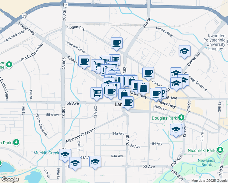 map of restaurants, bars, coffee shops, grocery stores, and more near 20238 Fraser Highway in Langley