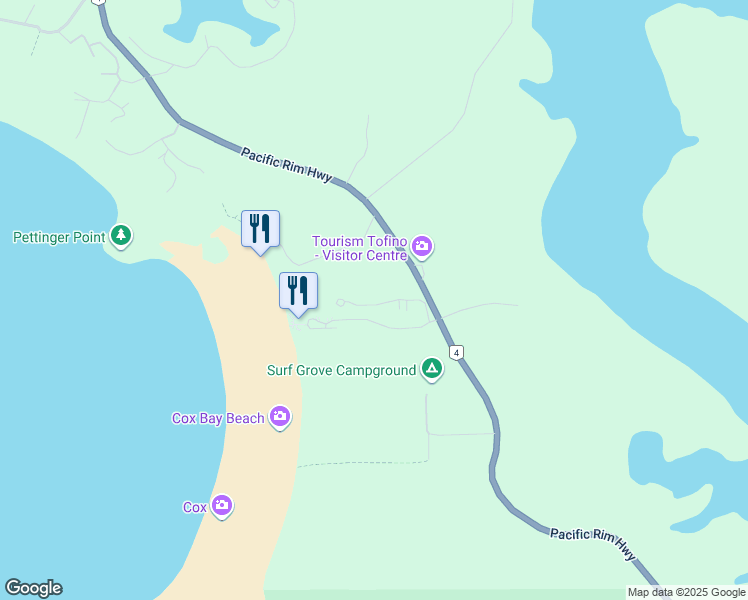 map of restaurants, bars, coffee shops, grocery stores, and more near 1431 Pacific Rim Highway in Tofino