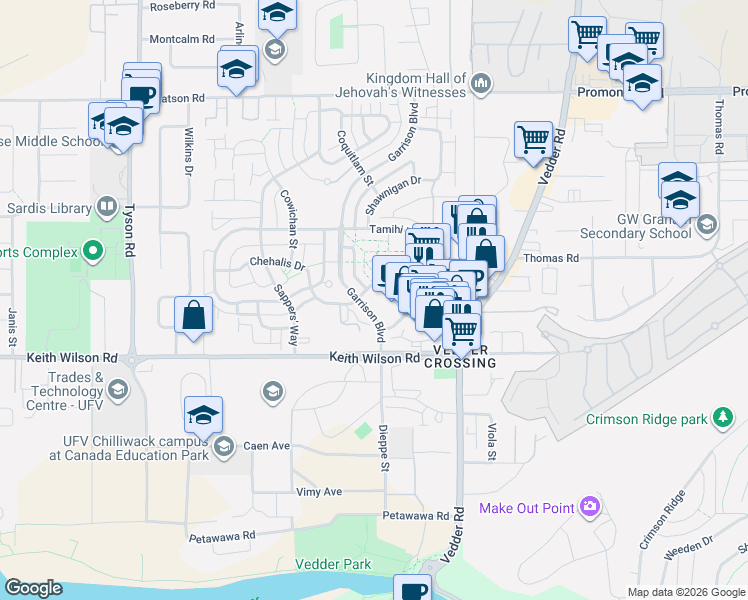 map of restaurants, bars, coffee shops, grocery stores, and more near 45500 Market Way in Chilliwack