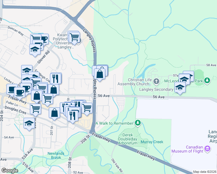 map of restaurants, bars, coffee shops, grocery stores, and more near 5655 210A Street in Langley Township