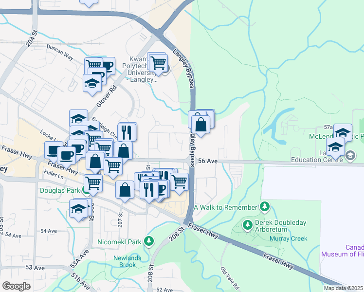 map of restaurants, bars, coffee shops, grocery stores, and more near 20896 57 Avenue in Langley