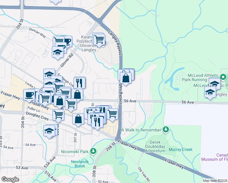 map of restaurants, bars, coffee shops, grocery stores, and more near 20894 57 Avenue in Langley