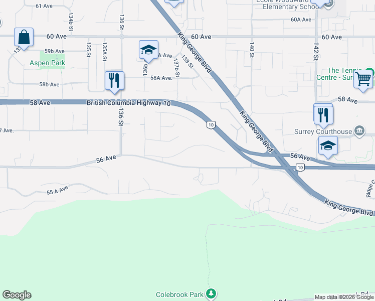 map of restaurants, bars, coffee shops, grocery stores, and more near 13806 56A Avenue in Surrey