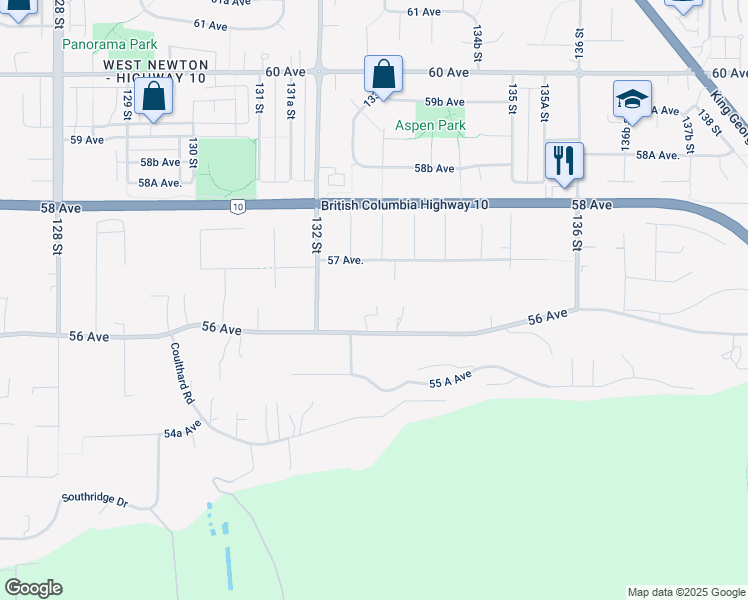 map of restaurants, bars, coffee shops, grocery stores, and more near 13283 56 Avenue in Surrey