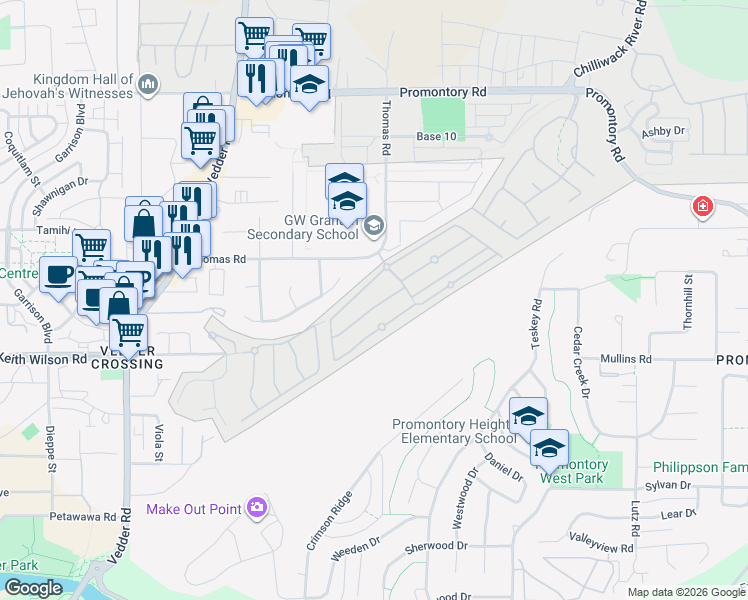 map of restaurants, bars, coffee shops, grocery stores, and more near 45955 Thomas Road in Chilliwack